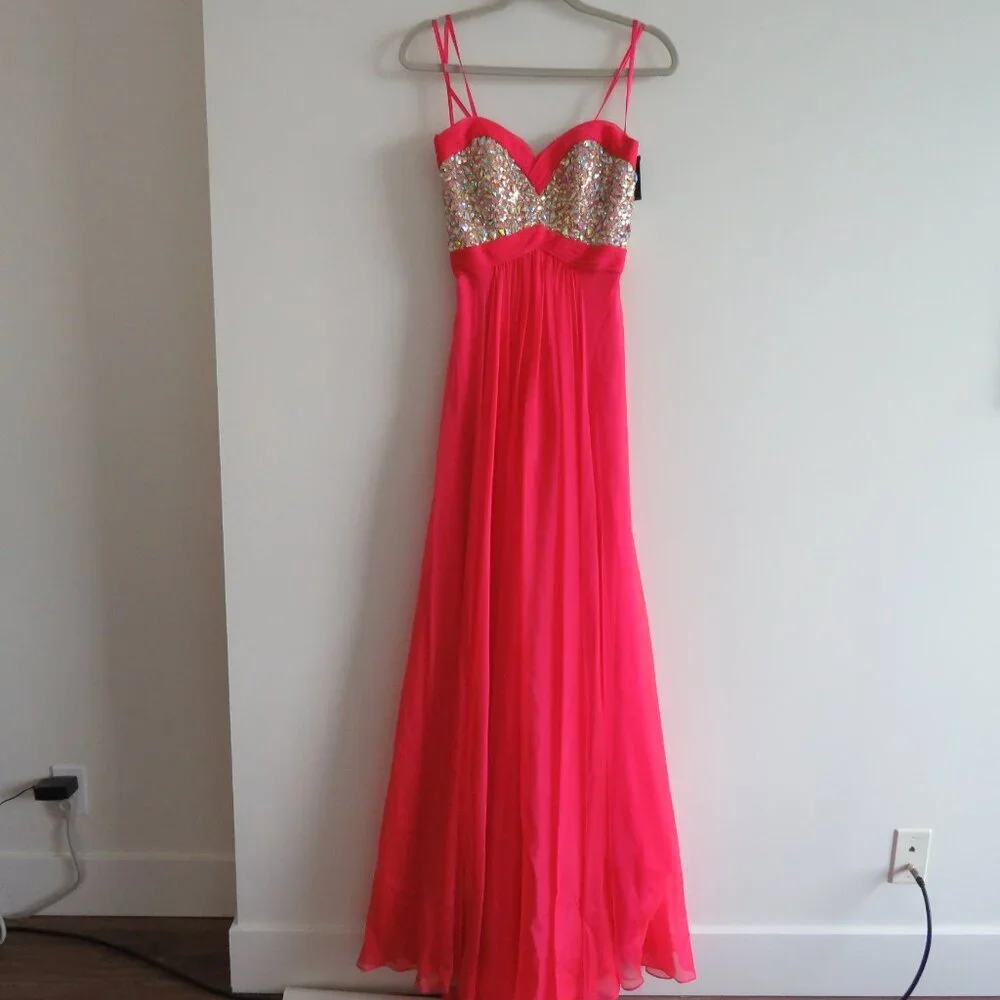 LA FEMME 18733 Beaded Bodice Chiffon Strapless Maxi Prom Dress Watermelon 4 NWT - Picture 2 of 15